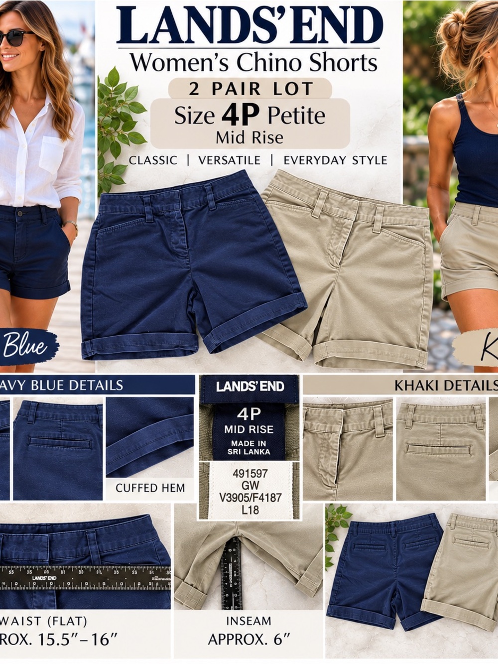 Lands’ End Women’s Shorts 4P Petite Mid Rise Chino Cuffed Navy Khaki 2 Pair Lot
